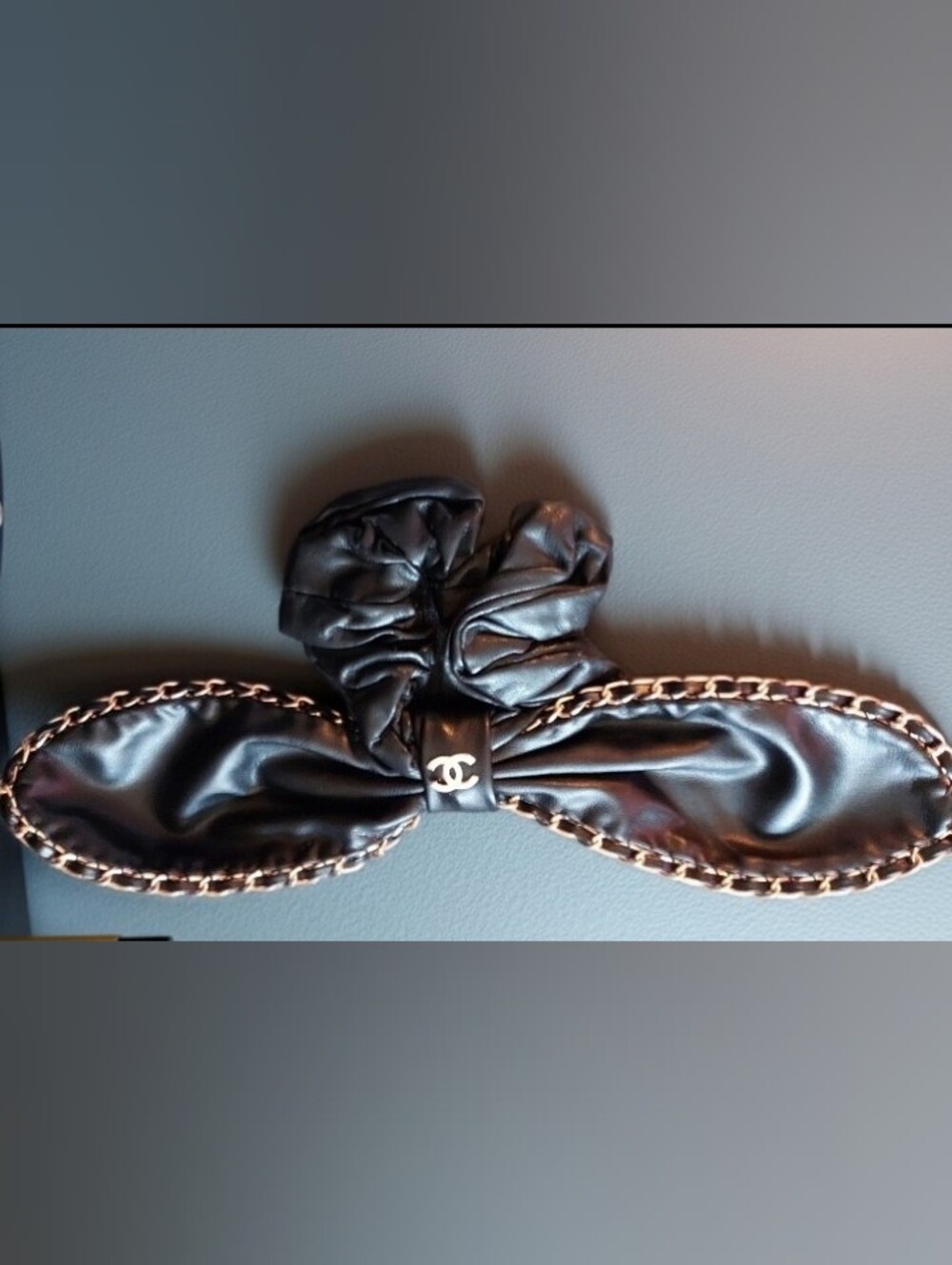 Chanel Black PU Leather Bow Scrunchie with Gold Chain Detail - New!